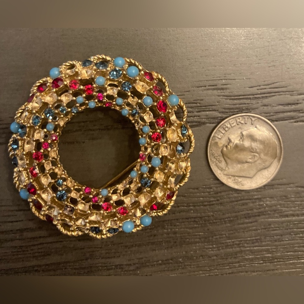 Vintage Gold-Tone Brooch with Red and Blue Accents